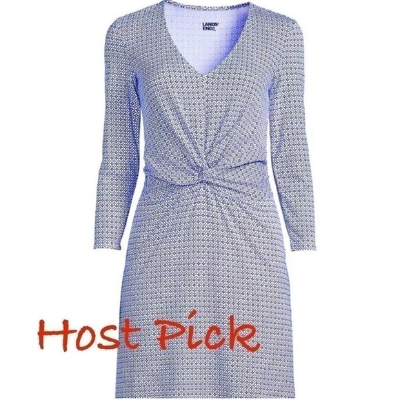Lands’ End Petite Cotton Modal 3/4 Sleeve Fit and Flare V-Neck Dress ‎ Sz MP EUC - Picture 1 of 12